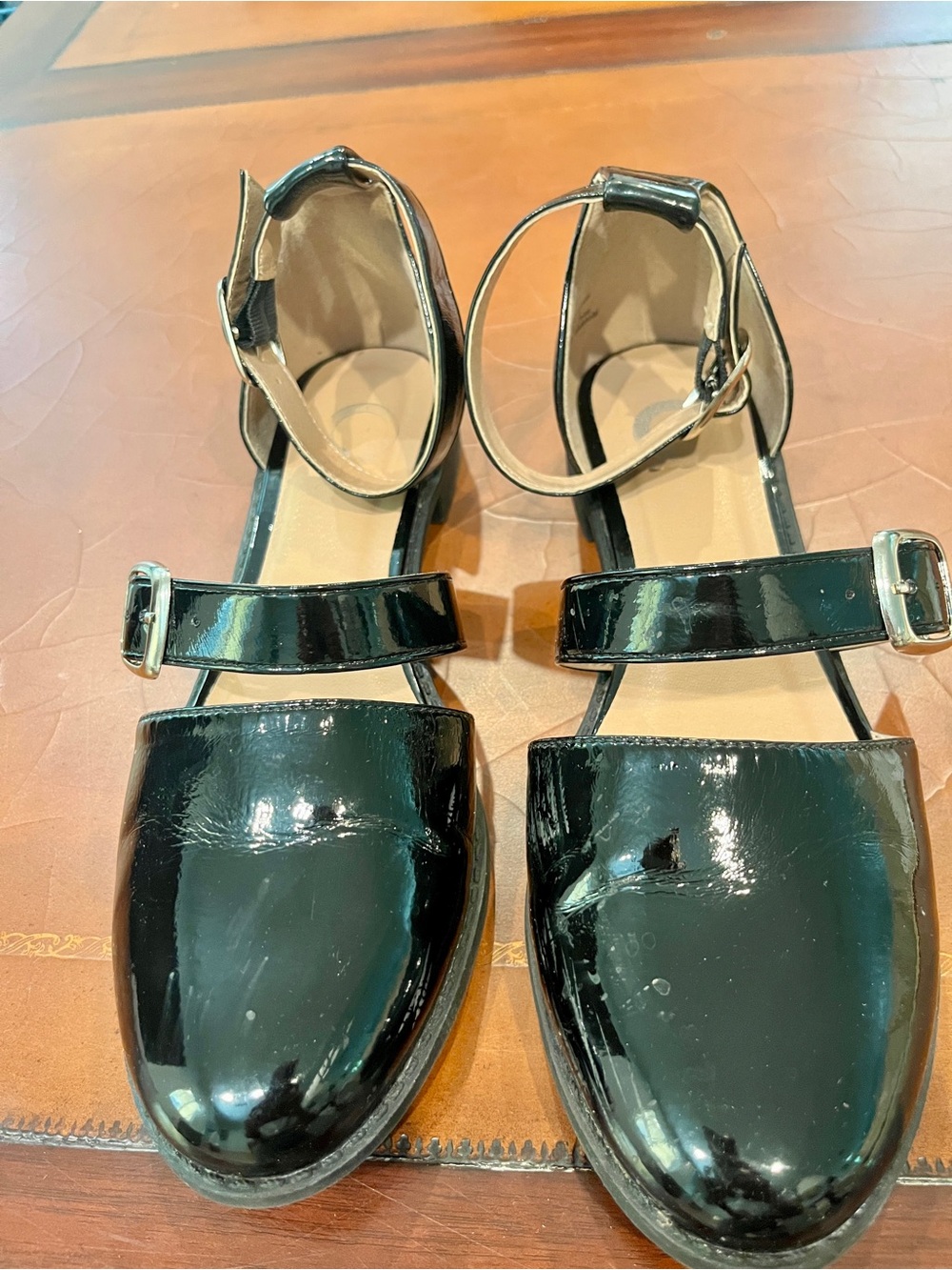 Patent Black Ankle-Strap Flats with Buckle